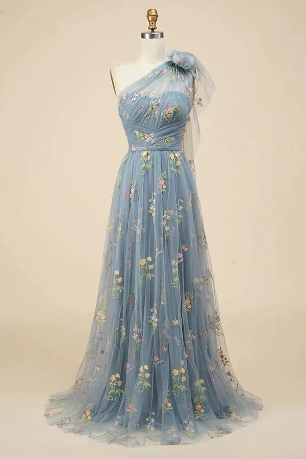 Grey Blue A-line Floral Embroidery One Shoulder Prom Dresses, Formal Evening Gown INP215