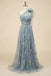 Grey Blue A-line Floral Embroidery One Shoulder Prom Dresses, Formal Evening Gown INP215