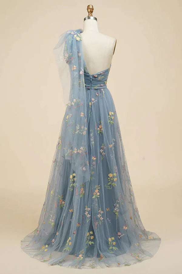 Grey Blue A-line Floral Embroidery One Shoulder Prom Dresses, Formal Evening Gown INP215
