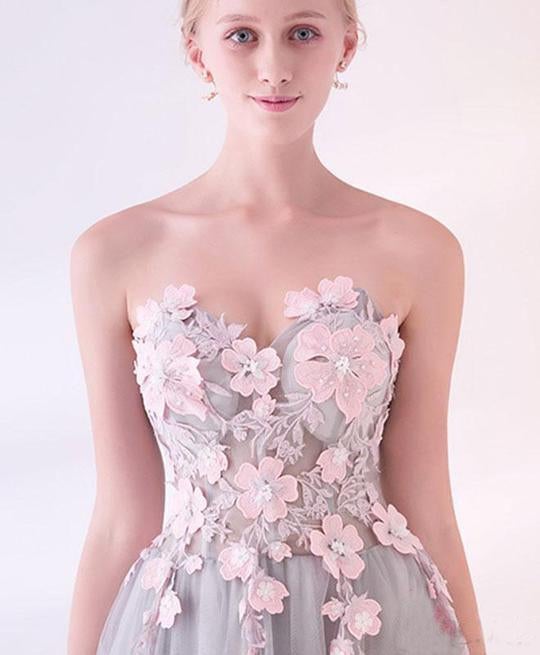 Grey Long Applique Tulle Evening Dress Sweetheart Formal Prom Dress IN874