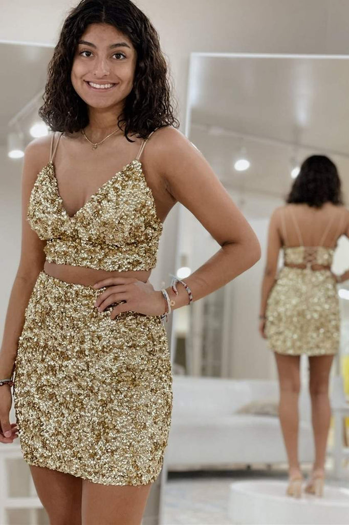 Two Pieces Tight Burgundy Sequins Sheath Short Homecoming Dresses INHD28