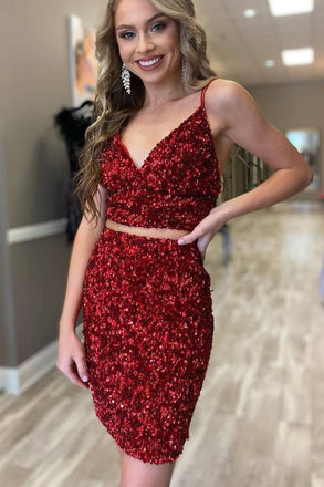 Two Pieces Tight Burgundy Sequins Sheath Short Homecoming Dresses INHD28