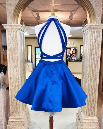 Cheap Satin 2 Piece High Neck Beaded A-line Homecoming Dresses IND24