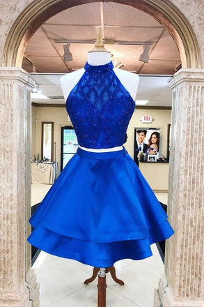 Cheap Satin 2 Piece High Neck Beaded A-line Homecoming Dresses IND24