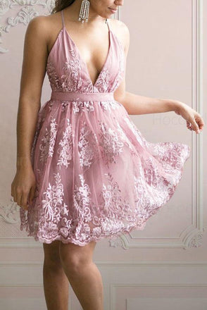 A Line Lace Appliqued V-neck Short Homecoming Dress INO68
