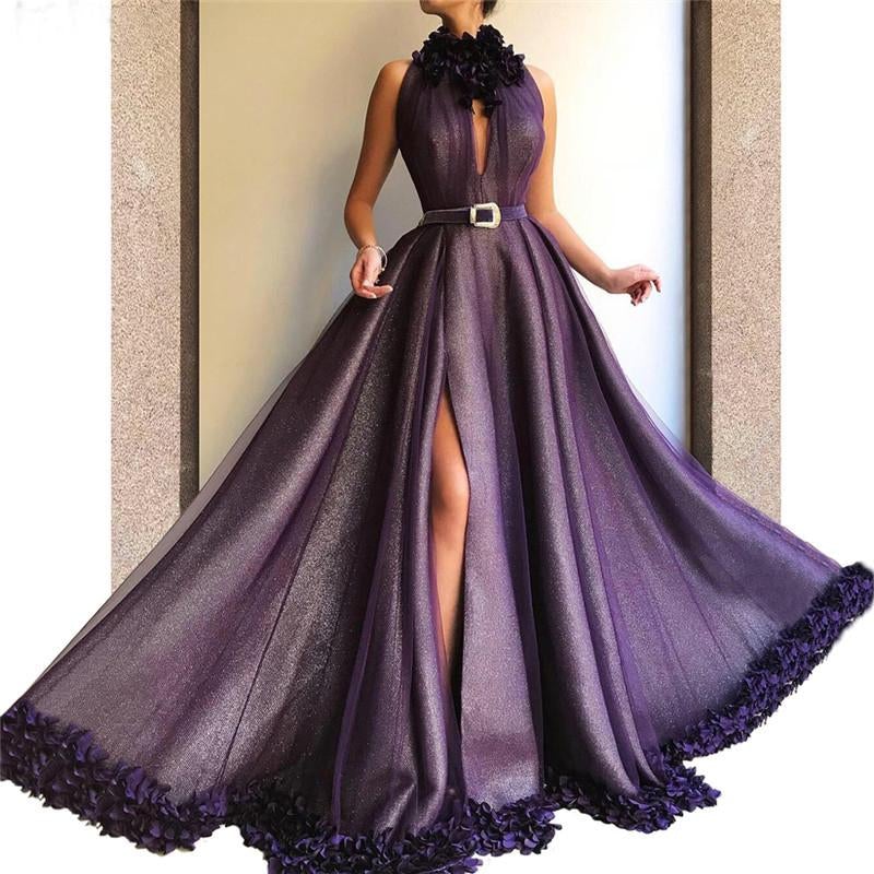 Purple Long A-line Split Cheap Prom Dresses With Flowers INH56