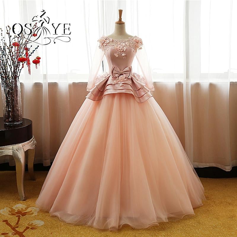 Vintage Flower Long Sleeves Puffy Tulle Long Prom Dress,Quinceanera Dresses IN608
