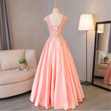 Blush Pink A Line Cap Sleeves Appliques Beaded Long Prom Dresses INJ85
