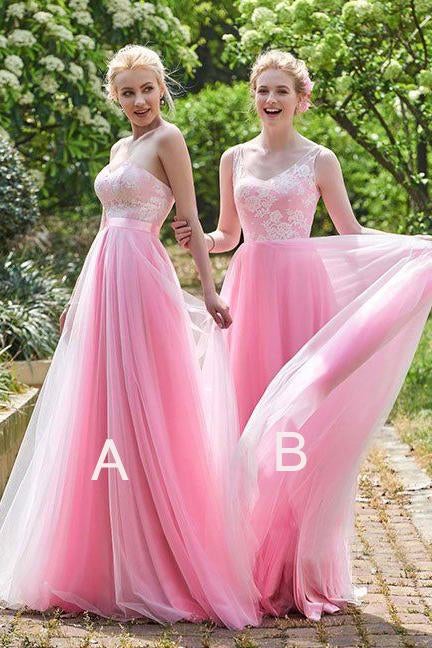 Elegant Pink Tulle A Line Long Bridesmaid Dress For Wedding IN766