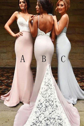 Sexy Spaghetti Straps Mermaid Backless Long Bridesmaid Dresses With White Lace IN934