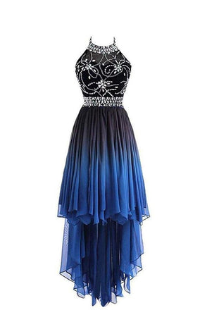 High Low Halter Sleeveless Beading Chiffon Ombre Prom Dress ING77