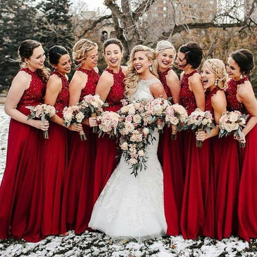 Cheap A-Line Formal Long Red Beading Bridesmaid Dresses ING59