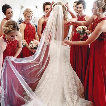 Cheap A-Line Formal Long Red Beading Bridesmaid Dresses ING59
