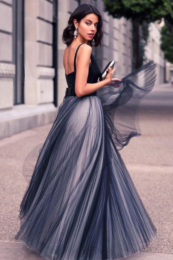 Charming V Neck Sleeveless Spaghetti Straps Navy Blue Ball Gown Prom Dress ING29