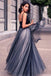 Charming V Neck Sleeveless Spaghetti Straps Navy Blue Ball Gown Prom Dress ING29