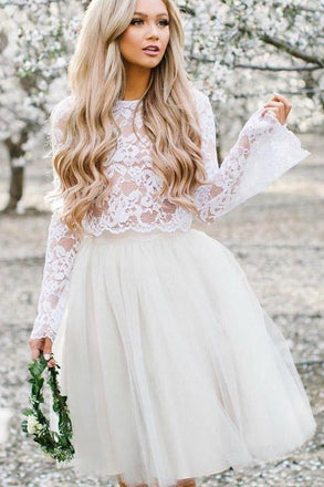 Off White Tulle Long Sleeve Lace Two Pieces Short  Cheap Homecoming Dresses INE3