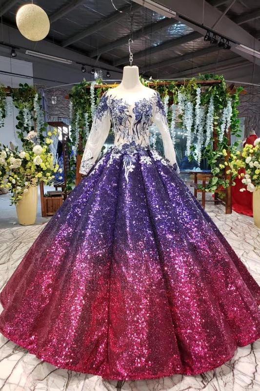 Ball Gown Long Sleeves Sequins Ombre Prom Dress, Pretty Quinceanera Dress INQ45