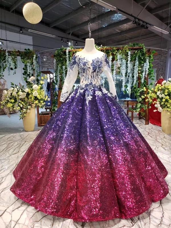Ball Gown Long Sleeves Sequins Ombre Prom Dress, Pretty Quinceanera Dress INQ45