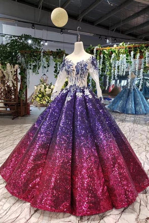 Ball Gown Long Sleeves Sequins Ombre Prom Dress, Pretty Quinceanera Dress INQ45