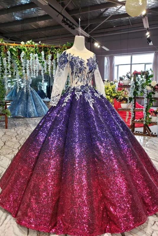 Ball Gown Long Sleeves Sequins Ombre Prom Dress, Pretty Quinceanera Dress INQ45