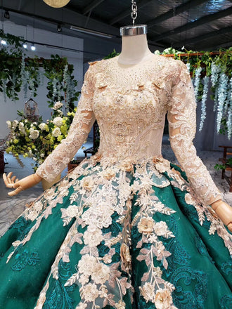 Long Sleeve Ball Gown Wedding Dresses Appliques Beading Quinceanera Dresses INR12