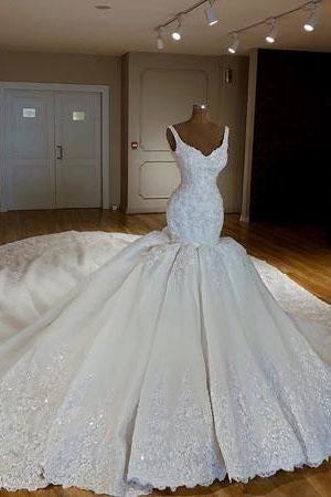Vintage V-neck Royal Train Satin Mermaid Wedding Dresses With Lace Embroidery INE35
