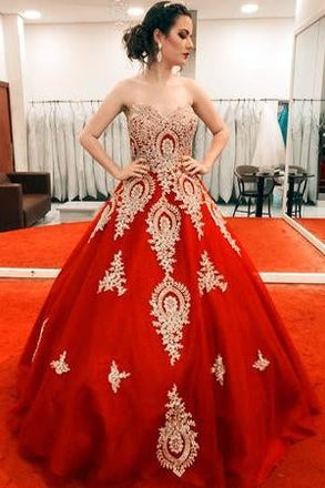 Gold Lace Appliques Sweetheart Ball Gown Prom Dress Sweet 16 Dress Quinceanera Dresses INI59