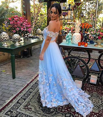 Light Blue Tulle Off The Shoulder Evening Gowns A Line Lace Appliques Prom Dress IN632