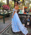 Light Blue Tulle Off The Shoulder Evening Gowns A Line Lace Appliques Prom Dress IN632
