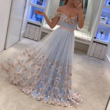 Light Blue Tulle Off The Shoulder Evening Gowns A Line Lace Appliques Prom Dress IN632