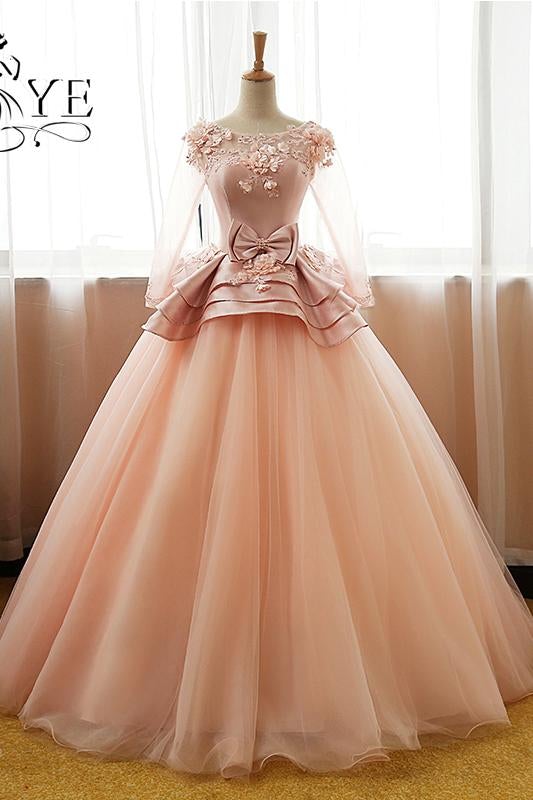 Vintage Prom Dresses,Pink Prom Dress,Flower Prom Dresses,Long Sleeves Prom Dress,Tulle Evening Dress,Ball Gown Prom Gown,Quinceanera Dresses