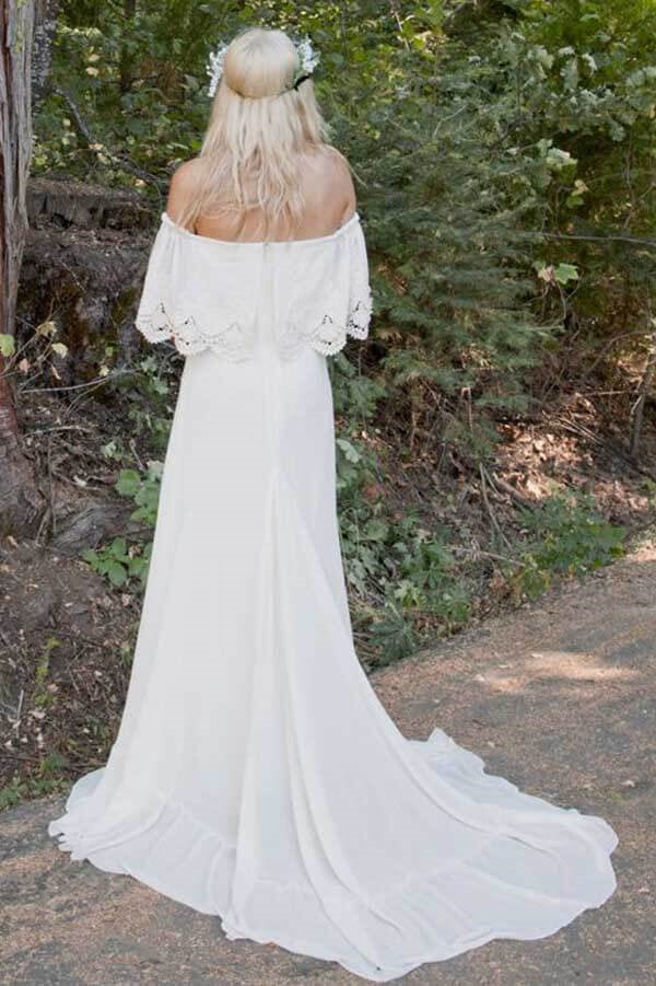 Ivory Chiffon A line Off the Shoulder Bohemian Lace Beach Wedding