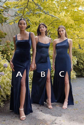 Simple Sheath Navy Blue Long Bridesmaid Dresses With Slit Bridesmaid Gowns IN1841