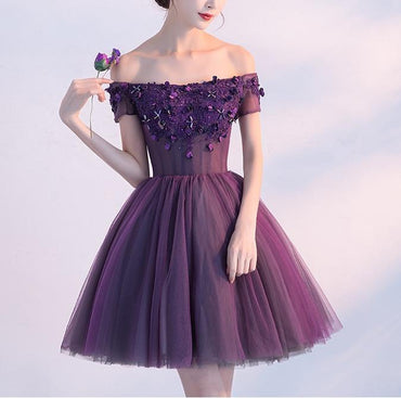 Cute A line Purple Homecoming Dresses,Off-shoulder Short Sexy Appliqued Prom Dress IN379