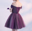 Cute A line Purple Homecoming Dresses,Off-shoulder Short Sexy Appliqued Prom Dress IN379