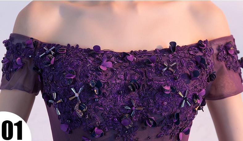 Cute A line Purple Homecoming Dresses,Off-shoulder Short Sexy Appliqued Prom Dress IN379