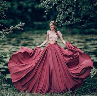 Charming Red Short Sleeves Lace Scoop A Line Two Pieces Long Formal Prom Dress IN487