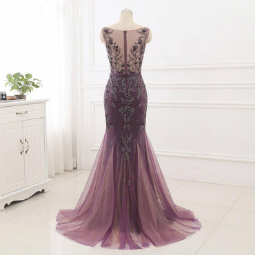 Beading Scoop Mermaid Sweep Train Tulle  Long Cheap Prom Dress ING25