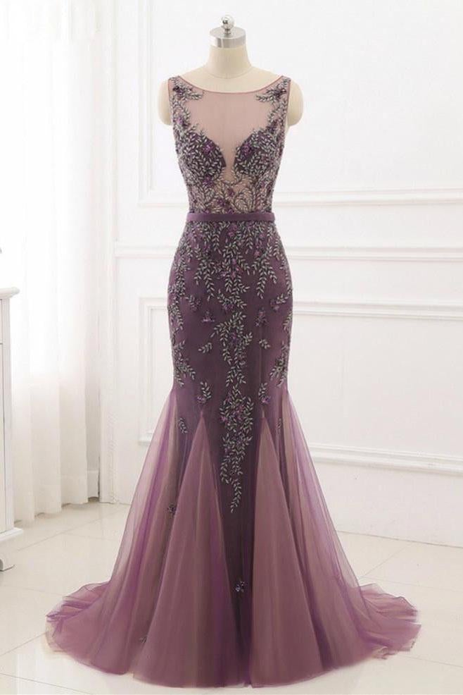 Beading Scoop Mermaid Sweep Train Tulle  Long Cheap Prom Dress ING25