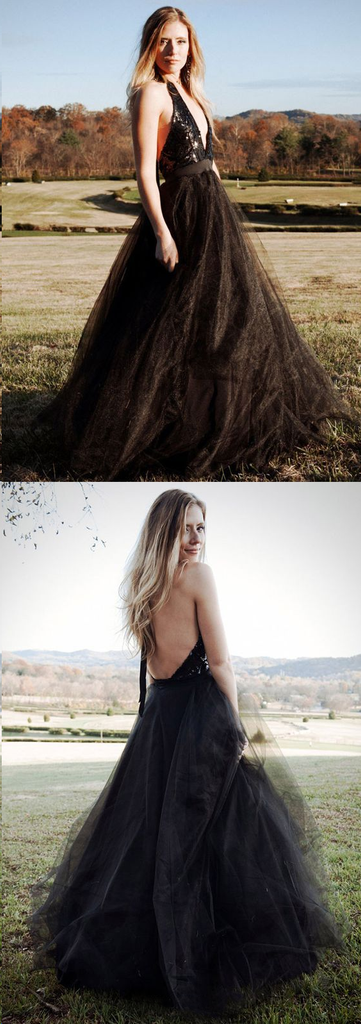 Black Tulle Backless Halter A Line Cheap Long Prom Dress Sexy Evening Dress ING27