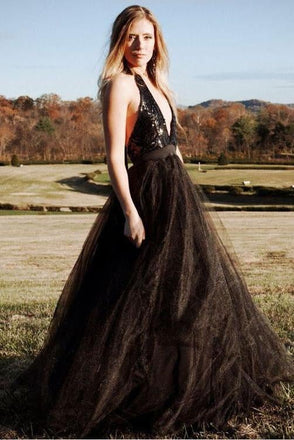 Black Tulle Backless Halter A Line Cheap Long Prom Dress Sexy Evening Dress ING27