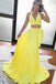 Two Piece A Line Yellow Cheap Long Prom Dress Sexy Formal Evening Dress ING14