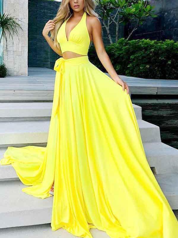 Two Piece A Line Yellow Cheap Long Prom Dress Sexy Formal Evening Dress ING14