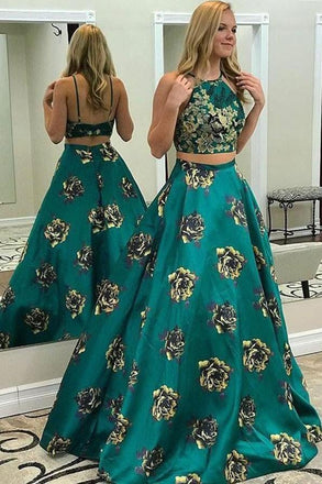 Two Piece A Line Floral Print Long Prom Dresses,Sexy Long Evening Dress ING12