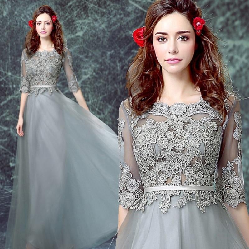 Grey Floor-length Half Sleeve Tulle Long Prom Dress,A line Evening Dress IN882