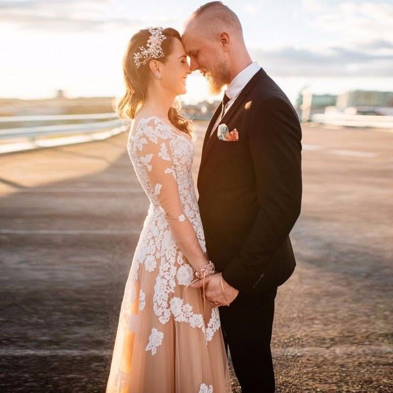 Lace A-line Long Sleeves Tulle Simple Cheap Long Wedding Dresses,Prom Dress IN889