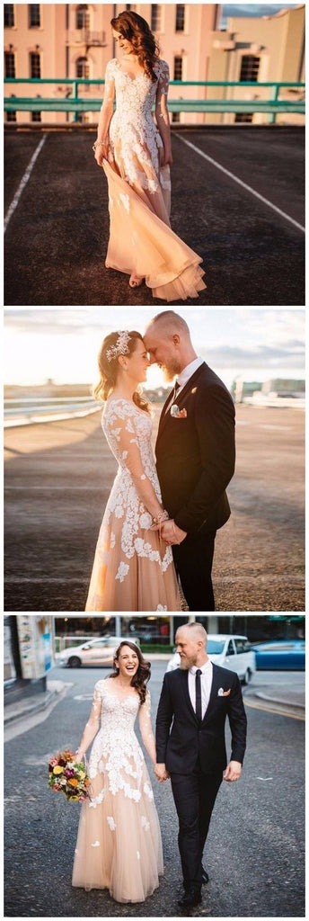Lace A-line Long Sleeves Tulle Simple Cheap Long Wedding Dresses,Prom Dress IN889