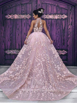 Luxury Pink Lace Wedding Dresses Halter Embroidery Slleveless Prom Dress Evening Dress IN486