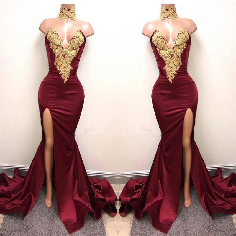 Elegant Burgundy Mermaid Appliques High Neck Split Sexy Prom Dress INA83