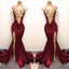 Elegant Burgundy Mermaid Appliques High Neck Split Sexy Prom Dress INA83